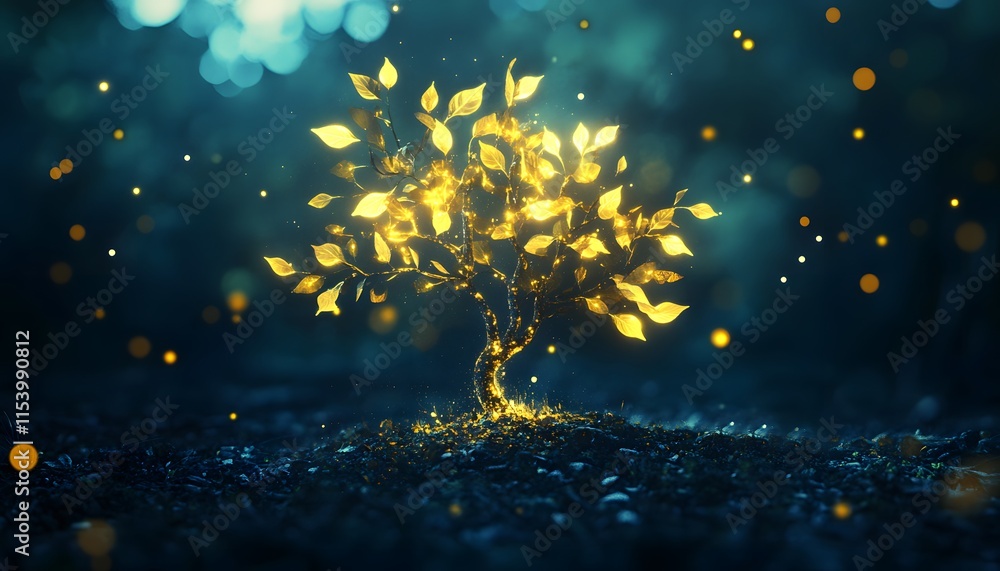 Poster Enchanting Glowing Tree with Radiant Leaves in a Dreamlike Forest Setting Surrounded by Sparkling Particles and Soft Blue Background