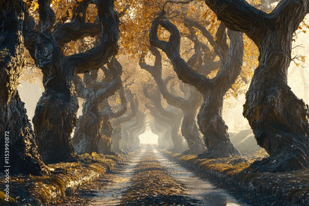 Poster a mystical pathway lined with twisted trees and autumn foliage, leading into a bright light.