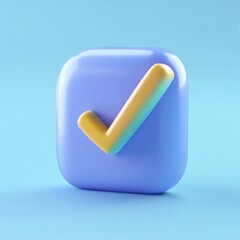 A 3D blue square icon featuring a yellow checkmark symbol. The icon is designed with a smooth, glossy finish and is set against a light blue background.
