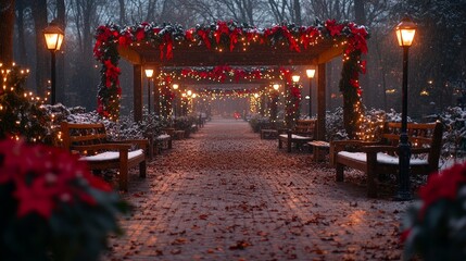 Obraz premium Winter park path adorned with festive decorations