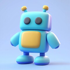A cute blue and yellow 3D robot with a square body and antennae stands against a light blue background. Its simplistic design gives it a playful appearance.