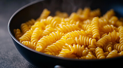 Spiral pasta cooked to perfection in a dark skillet on a rustic kitchen counter