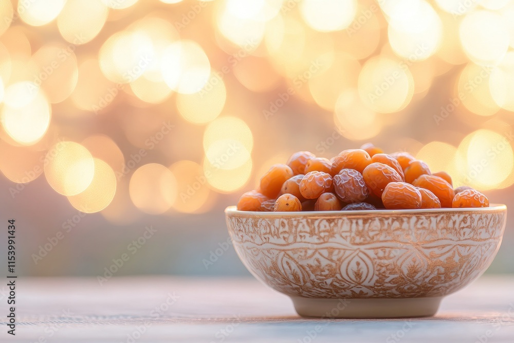 Poster serene bowl of dates with soft background lighting