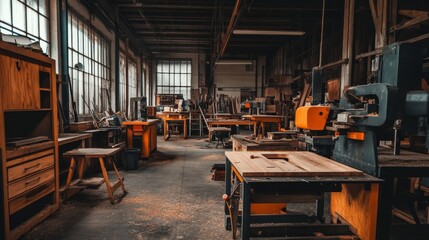 A well-equipped woodworking workshop with saws and workbenches, Wood projects in various stages of completion, Industrial photography style