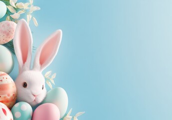 Obraz premium A whimsical Easter scene shows a cheerful bunny with colorful decorated eggs, ideal for festive decorations and joyful spring gatherings, capturing the seasons happiness and togetherness