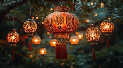 Obraz premium Illuminated lanterns hanging in a tranquil garden