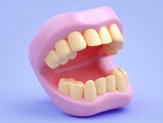 Obraz premium The image features a 3D model of a pink, open mouth displaying a set of teeth against a light blue background.