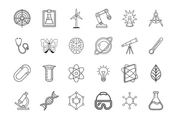 collection of 24 minimalist science and technology line icons, featuring laboratory equipment, renewable energy, medical tools, DNA structures, and physics symbols, in black and white vector style. Pe