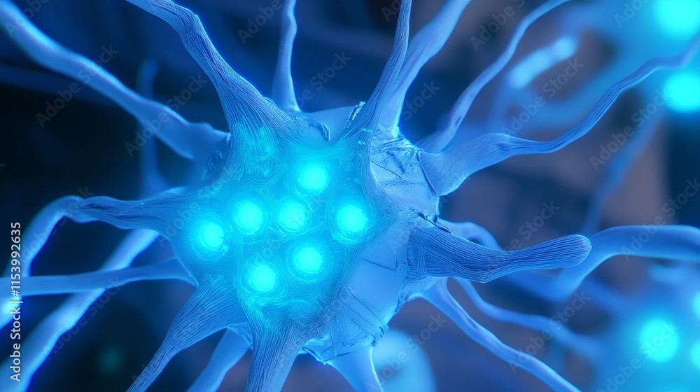 Poster intricate close-up of a glowing neuron in a microscopic view highlighting its structure and luminesc