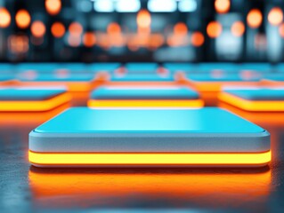 A close-up of glowing, blue and orange squares arranged in a neat pattern, creating a modern and vibrant aesthetic.