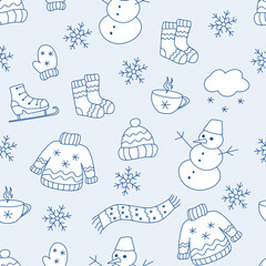 Winter elements seamless pattern with white outline contour doodle drawings on blue background vector texture. Textile fabric print. Gift wrapping paper.Repeating tile. Design template.