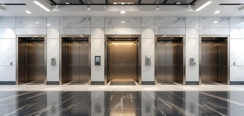 Modern Building Lobby with Five Elevators and Marble Walls
