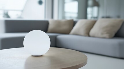 Modern minimalist living room with spherical lamp.