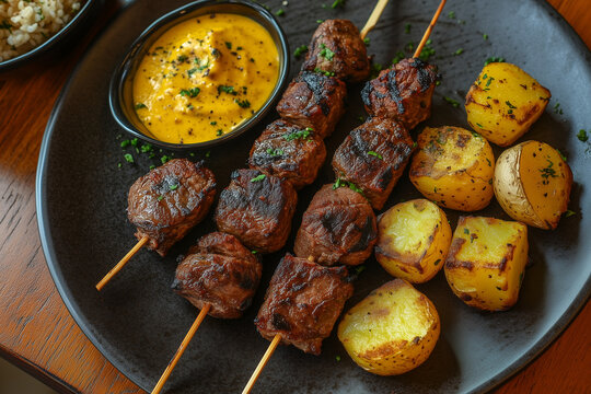 Grilled anticuchos with potatoes and spicy sauce