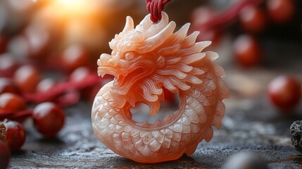 Intricate Carved Dragon Pendant on a Textured Surface
