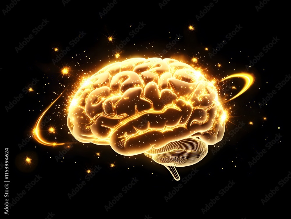 Poster glowing brain with halo and sparkles representing creativity, intelligence, and innovation on a dark
