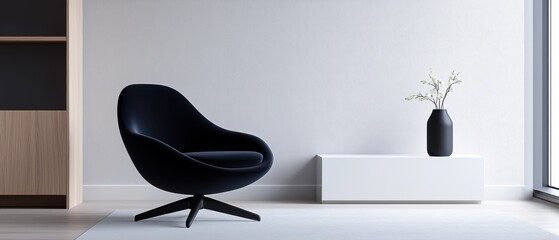 A black chair sits in front of a white wall