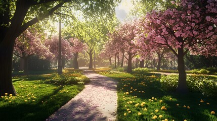 Fototapeta premium A peaceful park with trees starting to bloom symbolizing the arrival of new growth