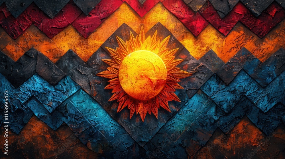 Poster a vibrant abstract design featuring a sun motif against a textured background of colorful layers.
