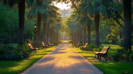 Fototapeta premium Sunlit pathway in a park with palm trees and benches.