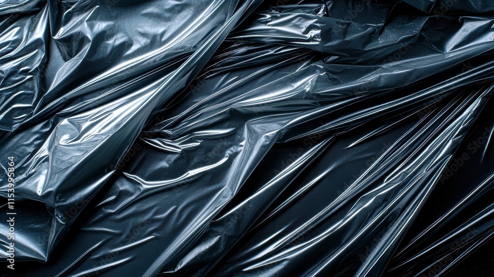 Poster black plastic wrap with crumpled texture and reflective surface under soft light, artistic backgroun