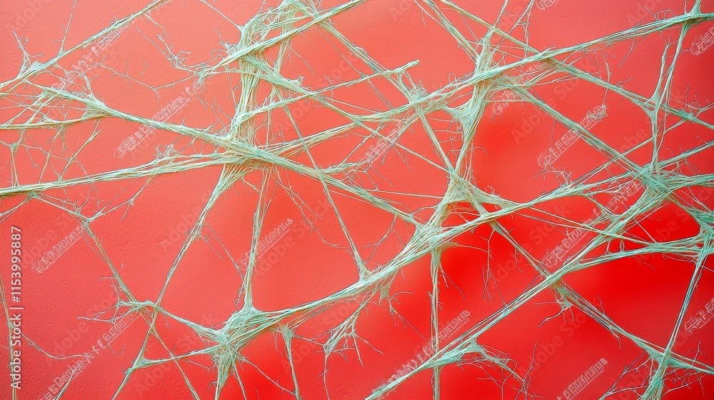 Poster intricate patterns of white fibers intertwined against a bold red background in a unique abstract co