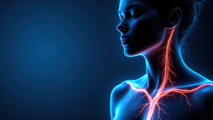 Illustration showing a woman's head with highlighted Vagus Nerve Stimulation (VNS) for medical or educational purposes.