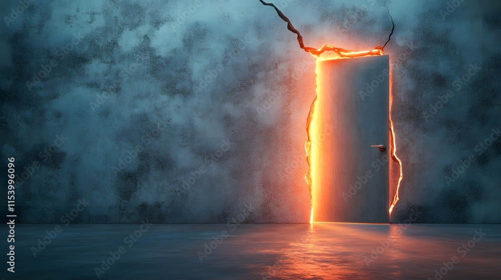 Poster Mysterious Doorway with Glowing Light Emerging from Cracked Wall in a Surreal Environment Evoking Curiosity and Intrigue about the Unknown