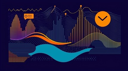 Obraz premium Abstract data visualization with graphs, charts, and waves.