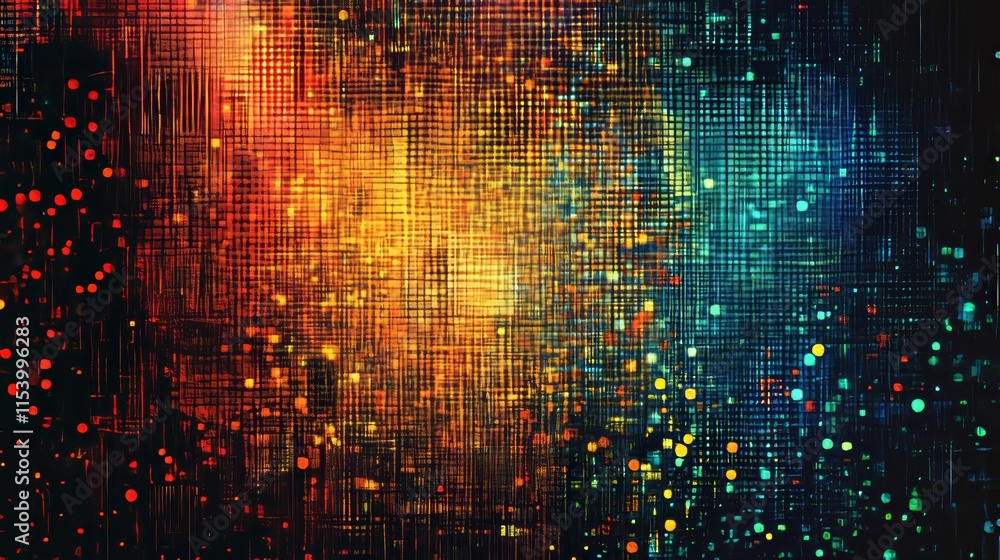 Poster colorful abstract digital design showcasing vibrant patterns and light effects with a blend of orang