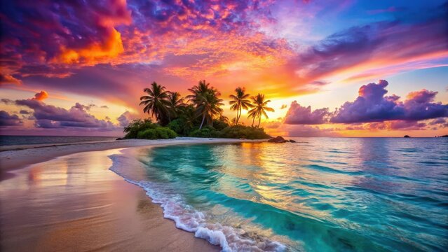 Stunning beachscape of Paradise Island at sunset with warm golden light and vibrant hues of pink orange and purple against the turquoise blue sea, water, sky