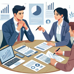 partners meeting for business discussion with documents and laptop on desk.couple at round table ,speaking ,discussing work,partnership.flat vector illustration isolated on a white background