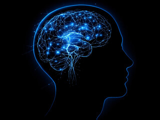 Silhouette of a human head with an illuminated brain and neural network, depicting cognitive activity.