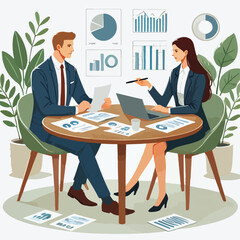 partners meeting for business discussion with documents and laptop on desk.couple at round table ,speaking ,discussing work,partnership.flat vector illustration isolated on a white background