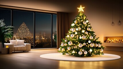 Fototapeta premium A beautifully decorated Christmas tree with twinkling lights, ornaments, and a star on top, set against a cozy holiday living room backdrop.