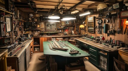 A well-lit room with an elaborate model railroad layout and building tools, An indoor hobby room set up for model railroading, Vintage hobby style