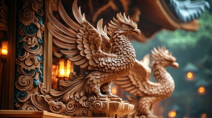 Obraz premium Intricate wooden phoenix sculptures in serene setting