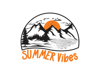 Summer vibes t shirt design with natural mountain sunset graphics