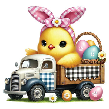 yellow chick driving easter truck clip art preview