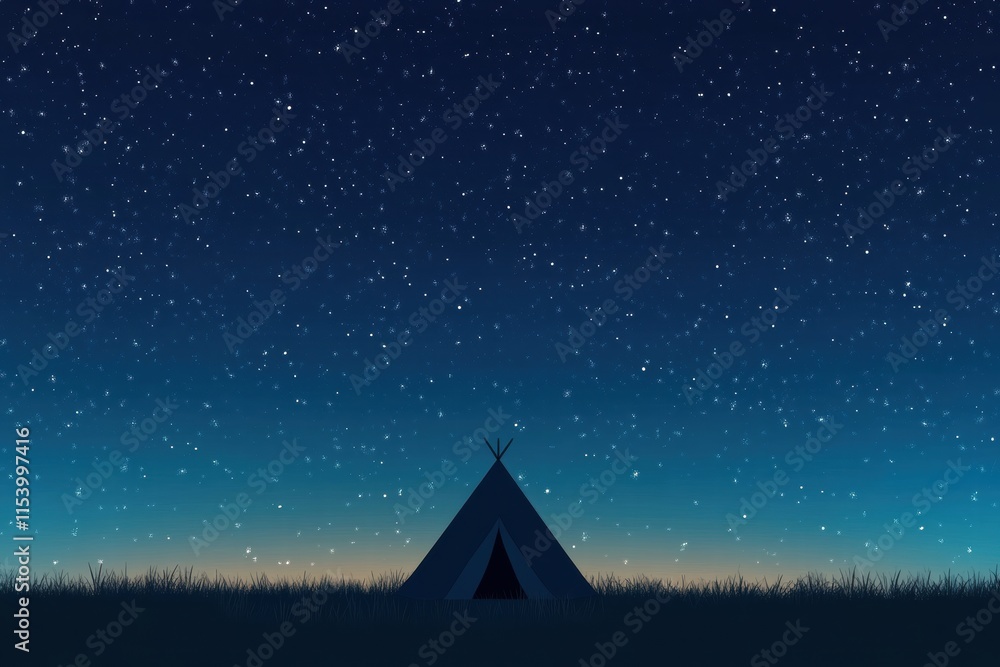 Poster majestic tent under a clear starry night sky in a serene open field. generative ai