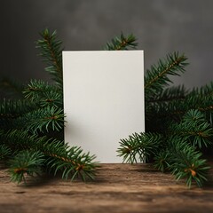 Fototapeta premium Holiday background with fir twigs and blank paper invitation card. christmas or new year frame composition. holiday and celebration concept for postcard or invitation. top view. flat lay
