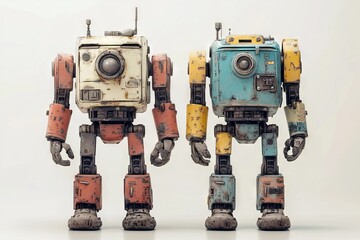Two Cute Vintage Robots Standing Side by Side on a White Background. AI generated illustration