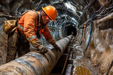 Skilled worker repairs in a dimly lit underground tunnel during an intense construction project