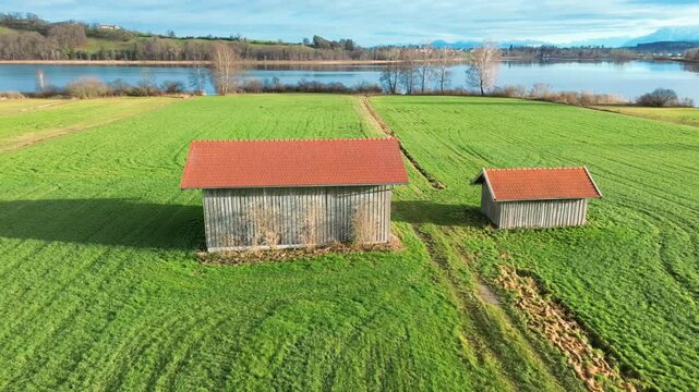 Drone view captured in flight at Lake Waging, Traunstein, Bavaria, Germany