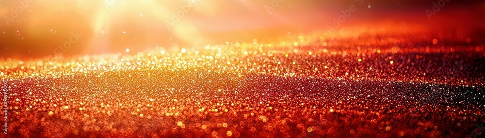 Poster sparkling glittering texture background in warm sunset glow with rays of light and soft bokeh effect