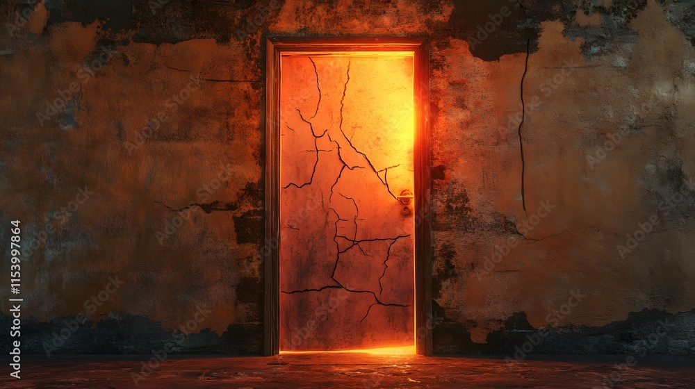 Poster mysterious door glowing with an orange light in a dark, cracked wall surrounded by textured surface 