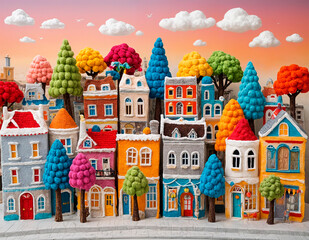 A captivating cityscape entirely made of crochet, showcasing intricate details and vibrant colors that bring the scene to life. The buildings vary in height and design - generated by ai