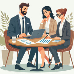 partners meeting for business discussion with documents and laptop on desk.couple at round table ,speaking ,discussing work,partnership.flat vector illustration isolated on a white background