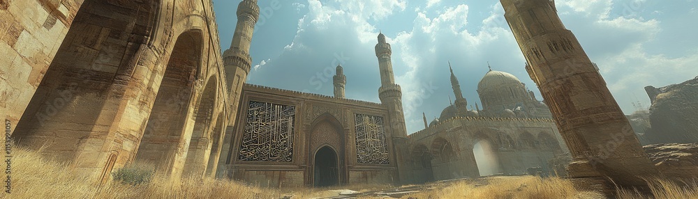 Aufkleber a grand architectural structure set in a desolate landscape with towering pillars and domes.