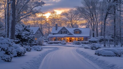 Charming winter home bathed in sunset glow